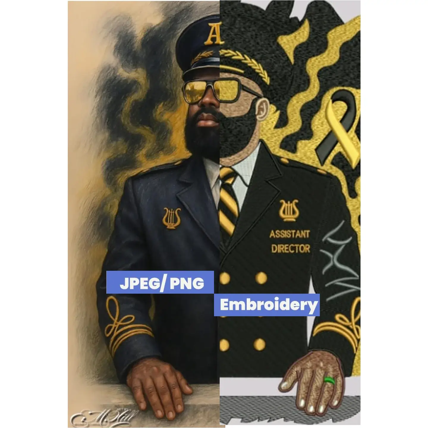 Visual comparison of a JPEG/PNG artwork transforming into a high-quality embroidery digitizing file for an Assistant Director